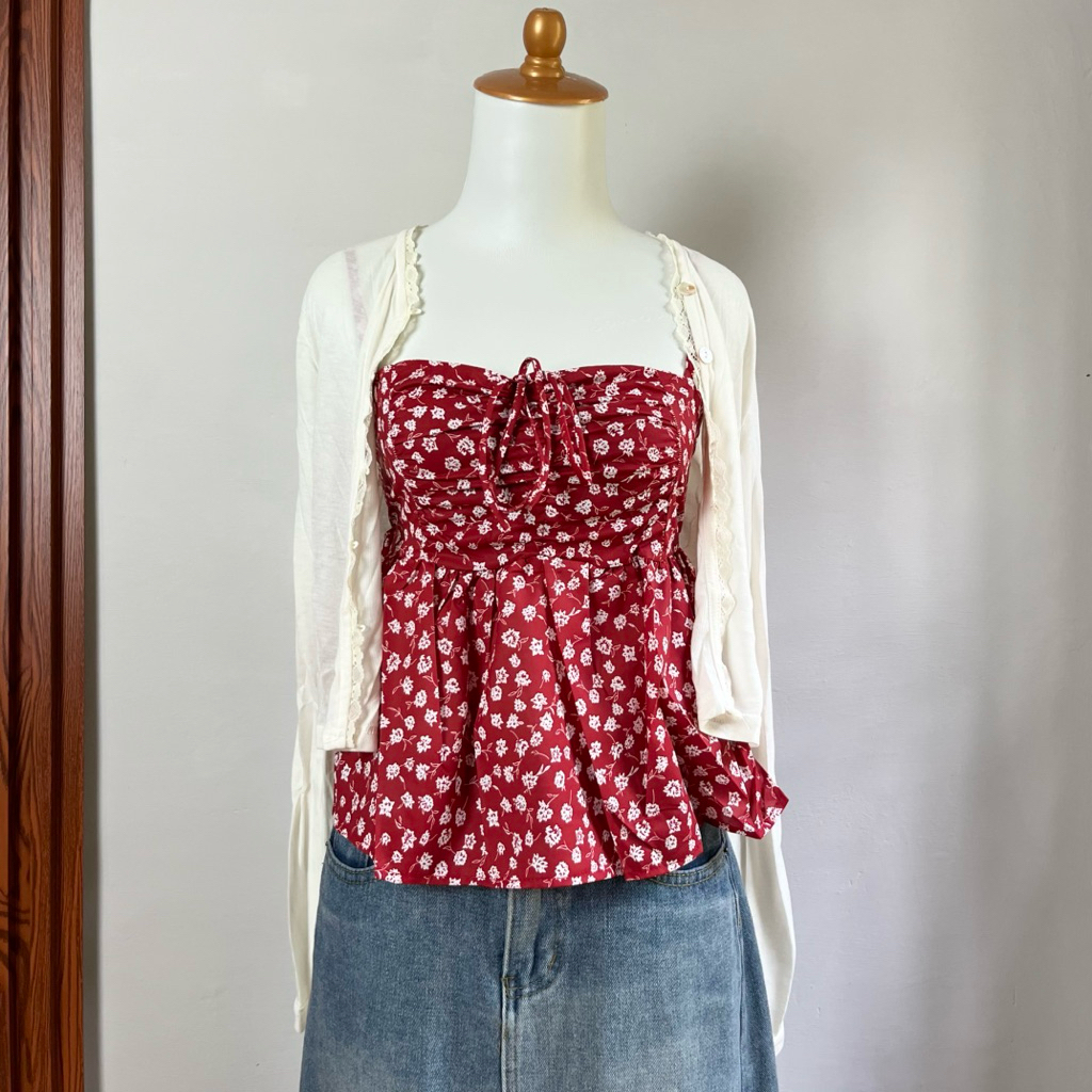 nitshui - Siwa One Set Ready Stok Tube Top Kemben Wanita Serut Tali Depan Motif Floral Bunga Korea B