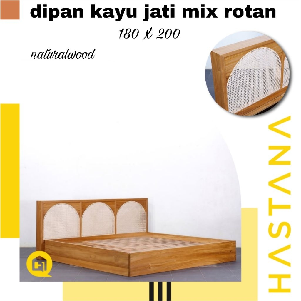 dipan minimalis kayu jati ukuran 180 x 200 kombinasi rotan