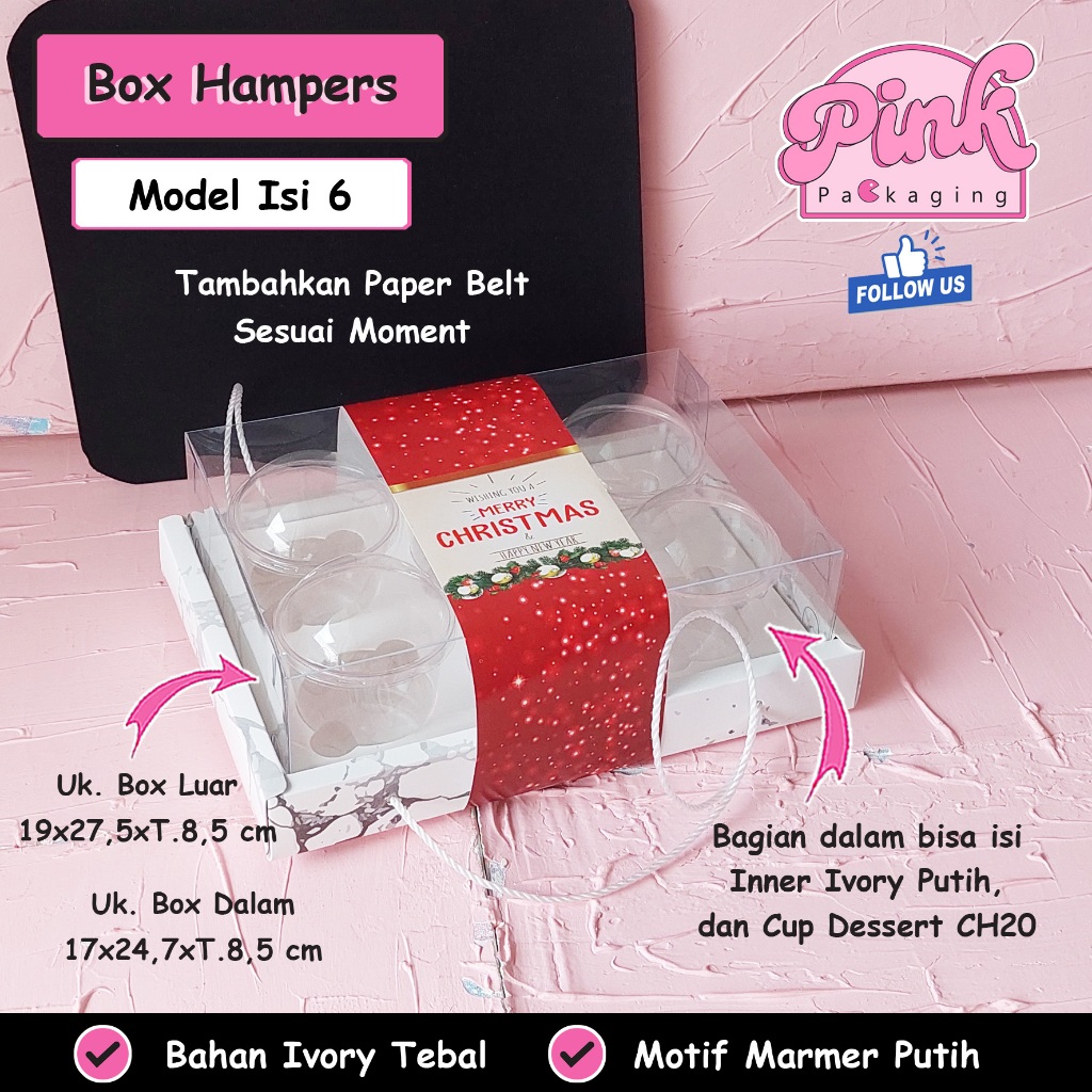 Box Hampers Mika Tali Motif Marmer Isi 6 Cup Puding / Dessert Box Natal / Idul Fitri / Imlek Mewah