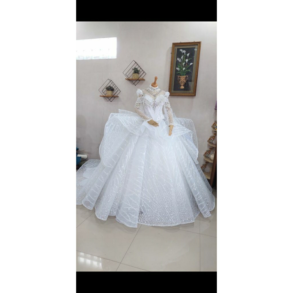 gaun payet mekar luxury mewah premium merah maroon / cokelat muda moka / putih pengantin manten mode