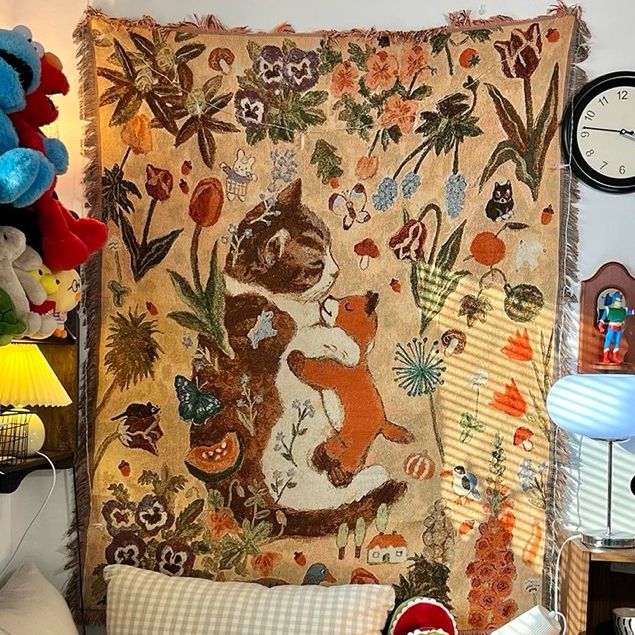 Woven Tapestry Motif Kucing Oren Tidur Peluk Boneka Cat Sleep | Throw Blanket Selimut Rajut Knit Ala