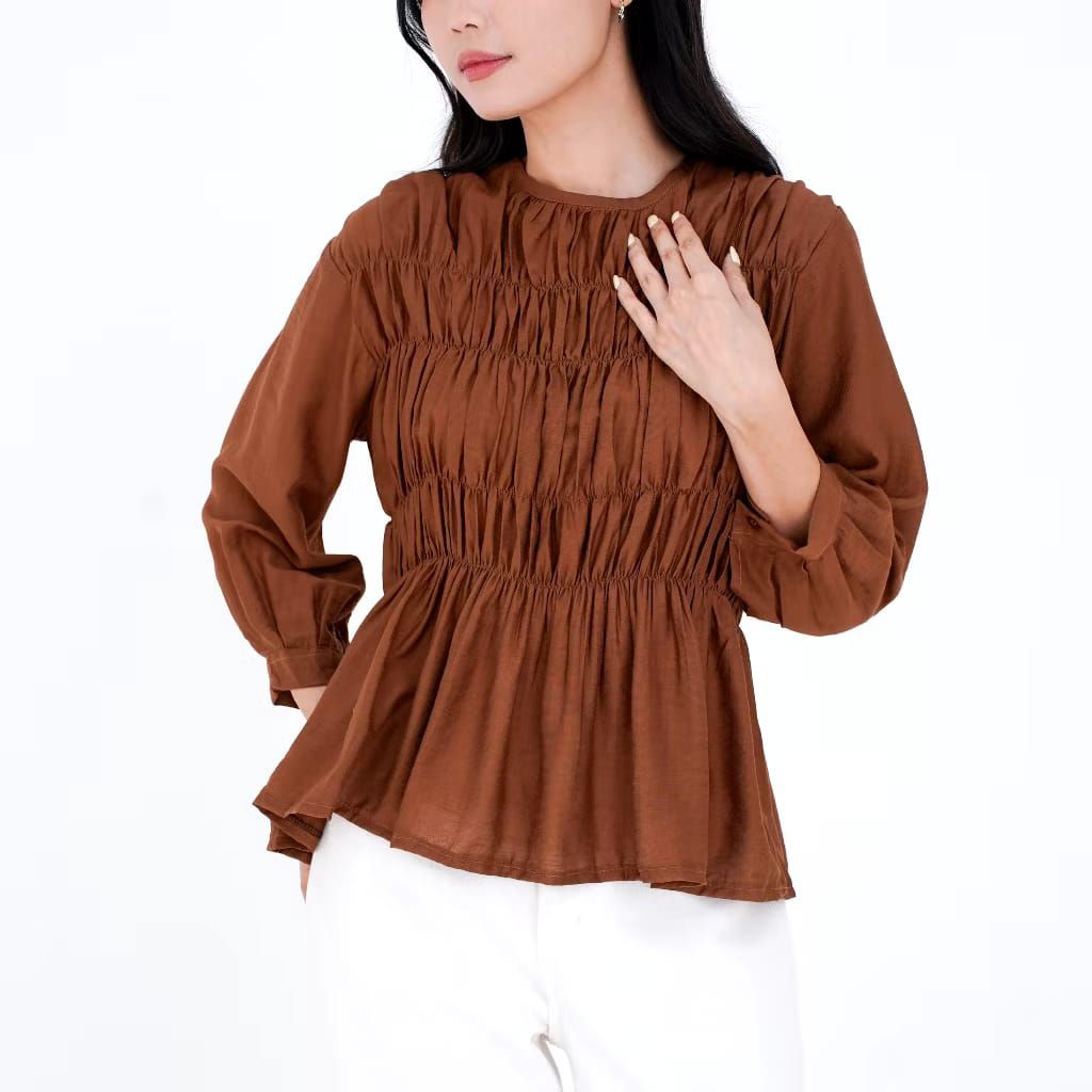 BAJU ATASAN KEMEJA BLOUSE WANITA LENGAN PANJANG BAHAN POLOLINEN VARIASI KERUT DADA ALLSIZE SISSY