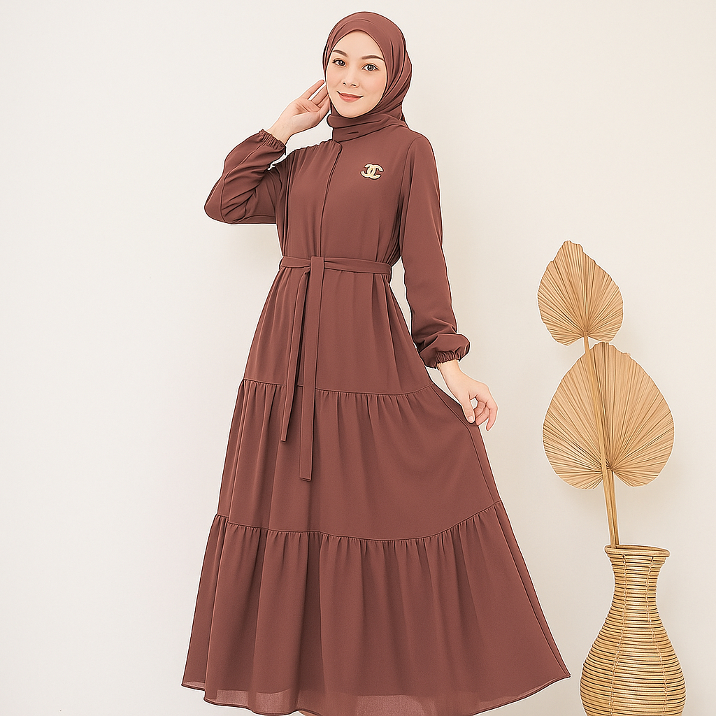 Gamis 3 Susun / Dress Serut Umpak Vol 1 Mahogany / Gamis Polos - Bahan Ceruty Babydoll Terlaris