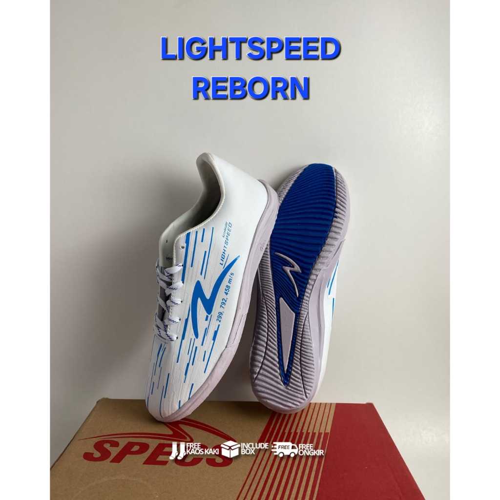 SEPATU FUTSAL SPECS LIGHT SPEED REBORN PUTIH BIRU. SEPATU PUTSAL LS REBORN