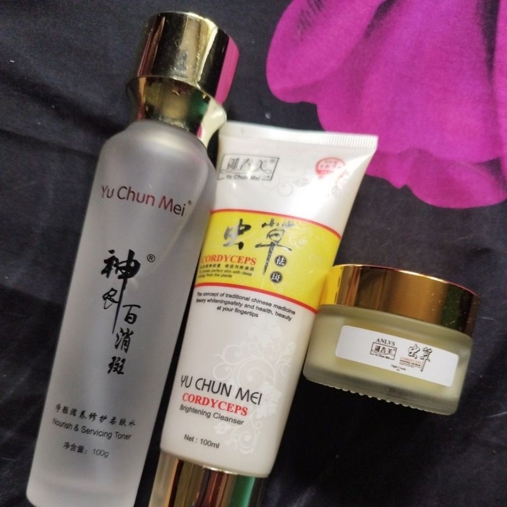 3pcs.krim malam anlvs yu chun mei.cleanser putih  yu chun mei.toner platinum.cordyceps original hci