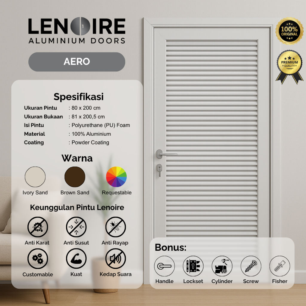 Lenoire Aero Pintu Jalusi (Louver) Full Aluminium 80x200 | Pintu Dapur & Kamar Mandi | Bisa Custom