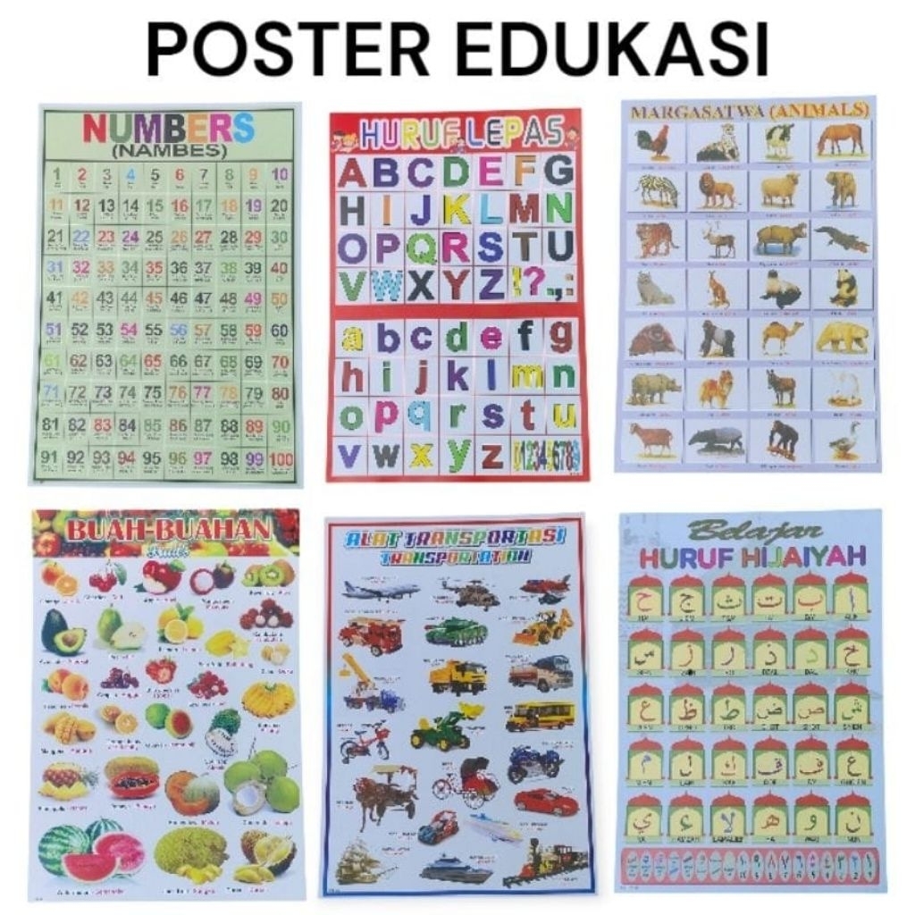 PAKET 6 LEMBAR POSTER EDUKASI ANAK poster dinding POSTER HURUF POSTER ANGKA POSTER HEWAN