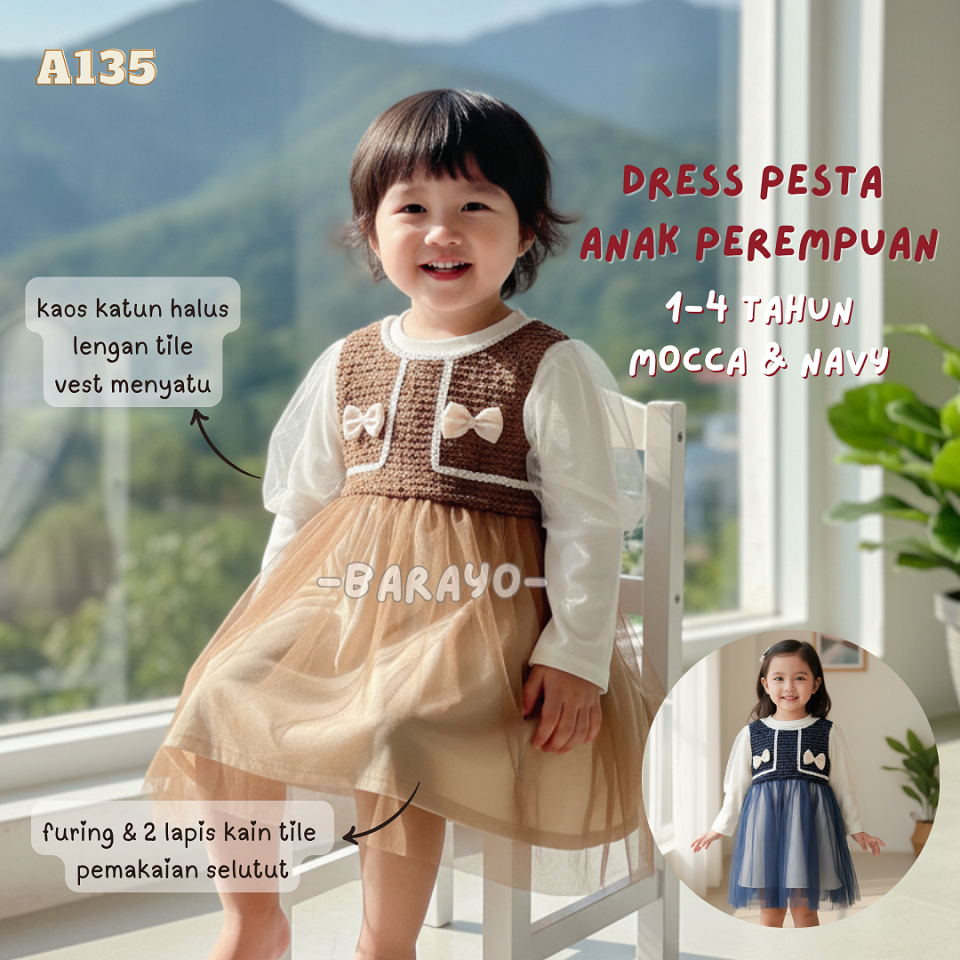 Dress anak perempuan pesta - Gaun ulang tahun anak NAVY MOCCA A135