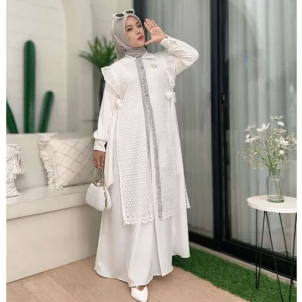 Kinan Set Dress, Gamis Wanita Outer brokat, Dress Pesta Kondangan Muslimah Model Rompi Brokat Premiu