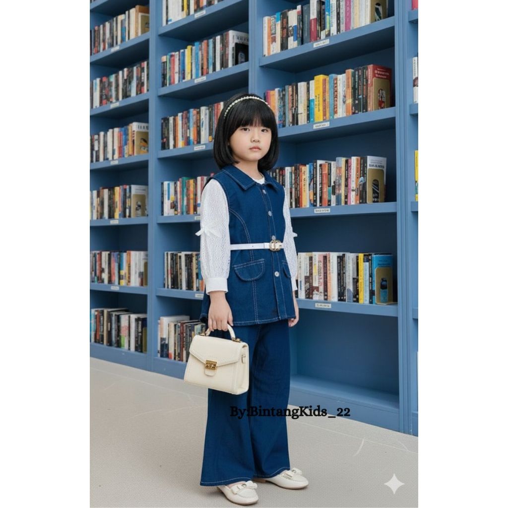 OneSet Full Jeans Haruna Free Belt Usia 3-10 Tahun Bahan Full Jeans Premium - Setelan Anak Model Cel