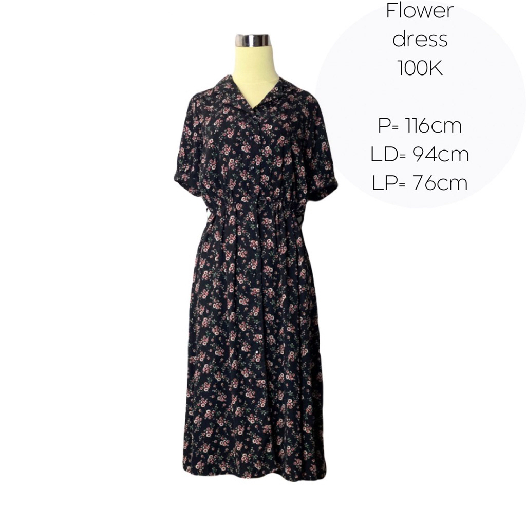 dress hitam motif bunga kecil midi busui full kancing