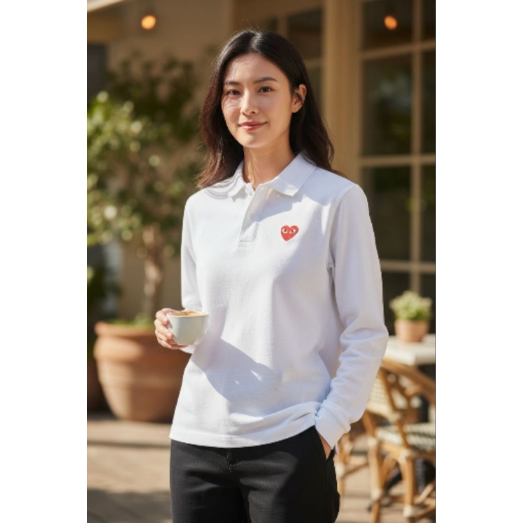 (Logo Bordir)Kaos Kerah Play Love CDG Lengan Panjang // Polo Shirt Wanita Logo CDG Play Bordir