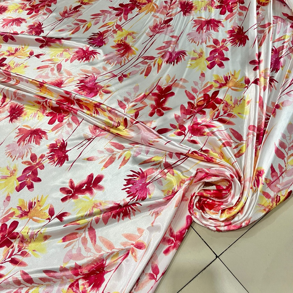 Kain satin silk premium  motif bunga -bahan halus dan tebal- bahan gamis & dress