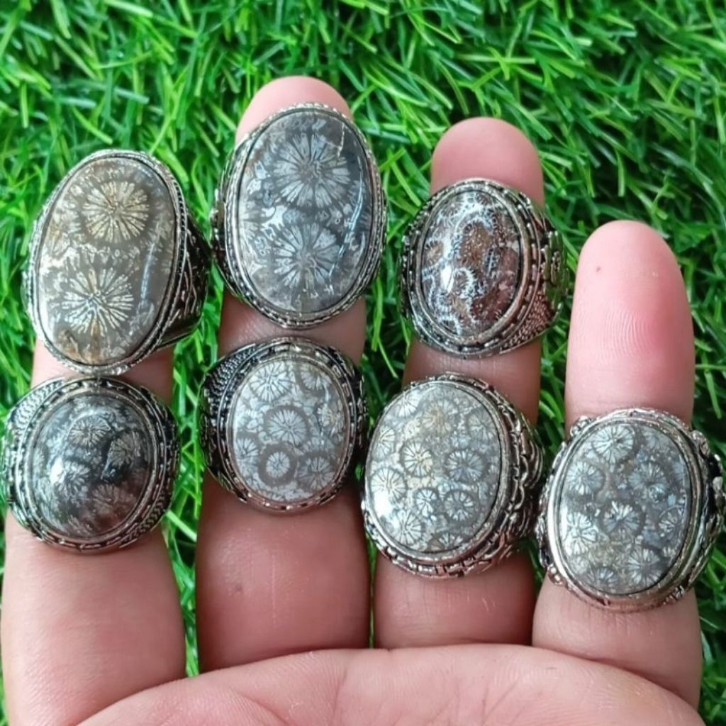 Cincin batu akik teratai hitam motif kembang Asli Natural 100% Ring Alpaka Super anti karat