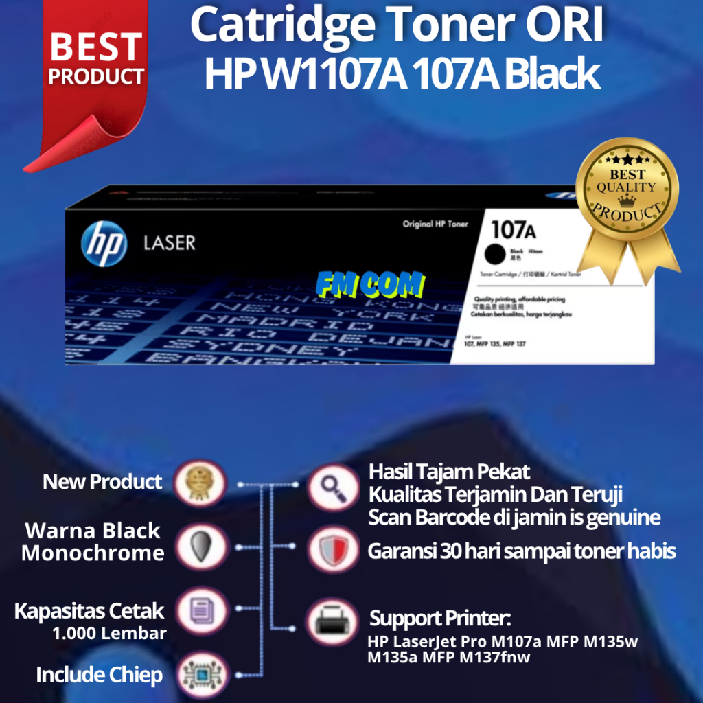 Tinta Printer HP 107A Black Original Laser Toner Cartridge W1107A Printer series HP Laser MFP 130