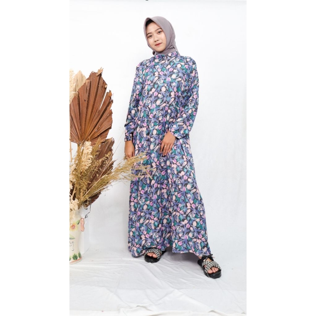Gamis motif floral navy blossom rayon premium