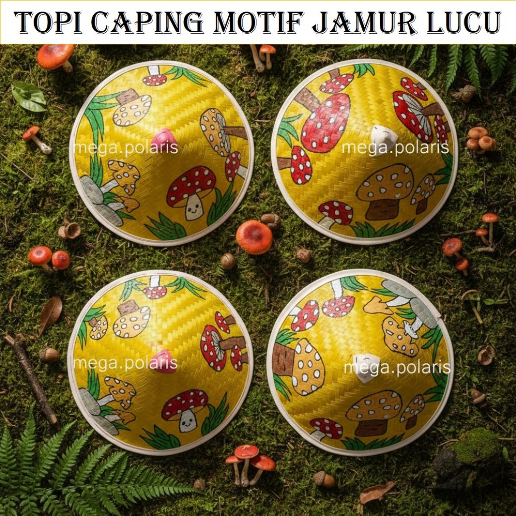 Topi Caping Bambu / Caping Lukis Unik / Tudung Topi Petani Motif Jamur Lucu