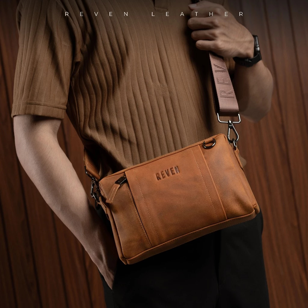 Reven Leather Tas Handbag Clutch Slempang Sling Waist Hand Bag Fashion Pria Kulit Sapi Asli Oslo Mul