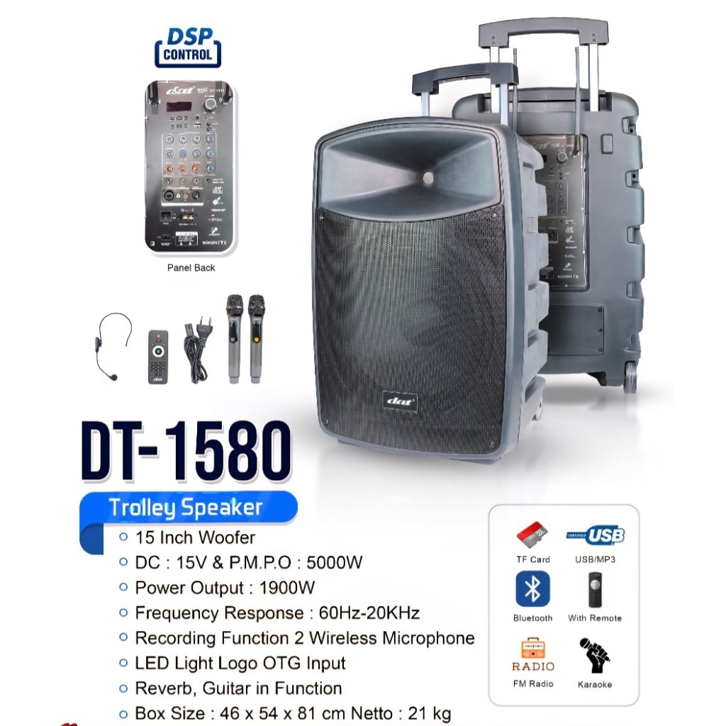 SPEAKER TROLLEY TROLI DAT DT 1580 DT1580 15in 15" 15 INCH WOOFER 5000WATT PMPO TF CARD USB FLASHDISK