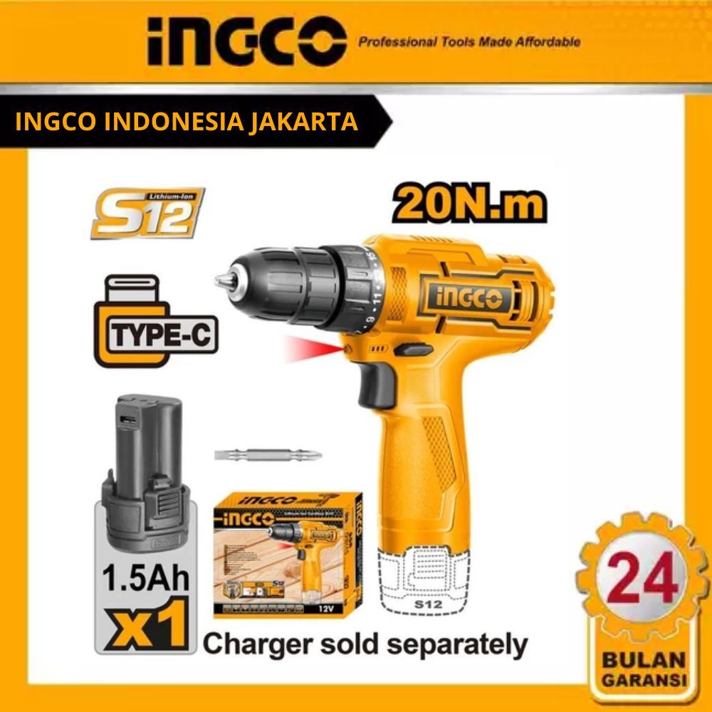 BOR BATERAI INGCO CDLI12422 12V BESI KAYU 10MM BOR CORDLESS