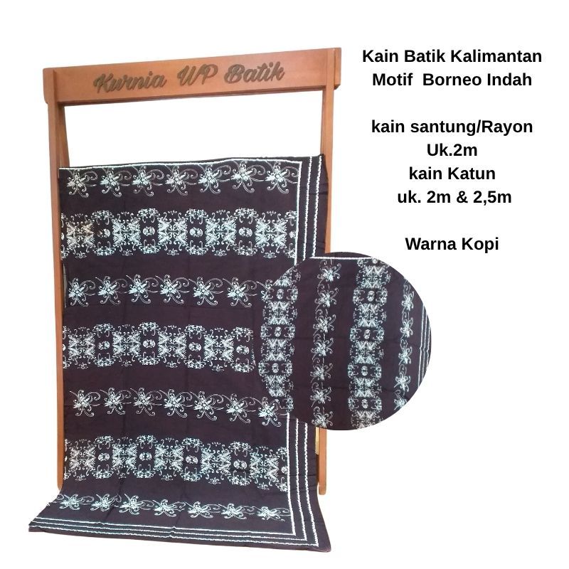 Kain Batik Cap,Batik Kalimantan Balikpapan Motif Borneo Indah ukuran 2m kain katun warna Cokelat Kop