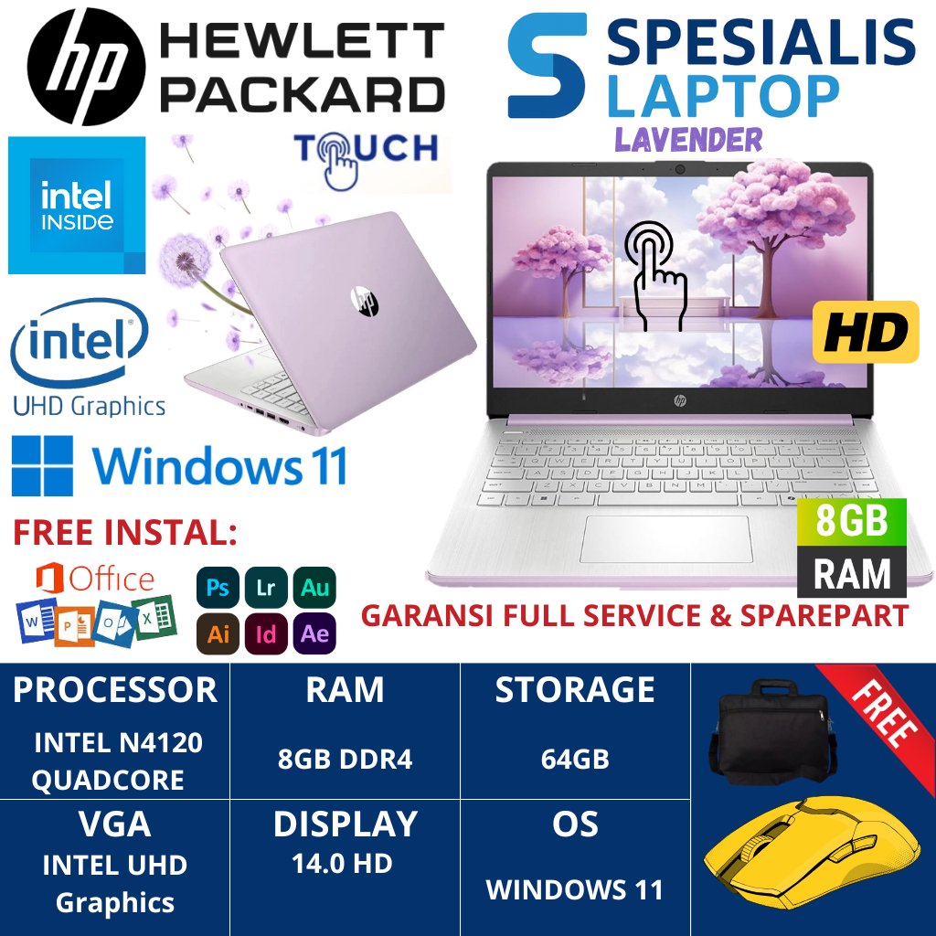 Laptop HP 14 Intel N4120 8GB 128GB SSD 14 Inch HD TOUCHSCREEN Windows 11 Baru