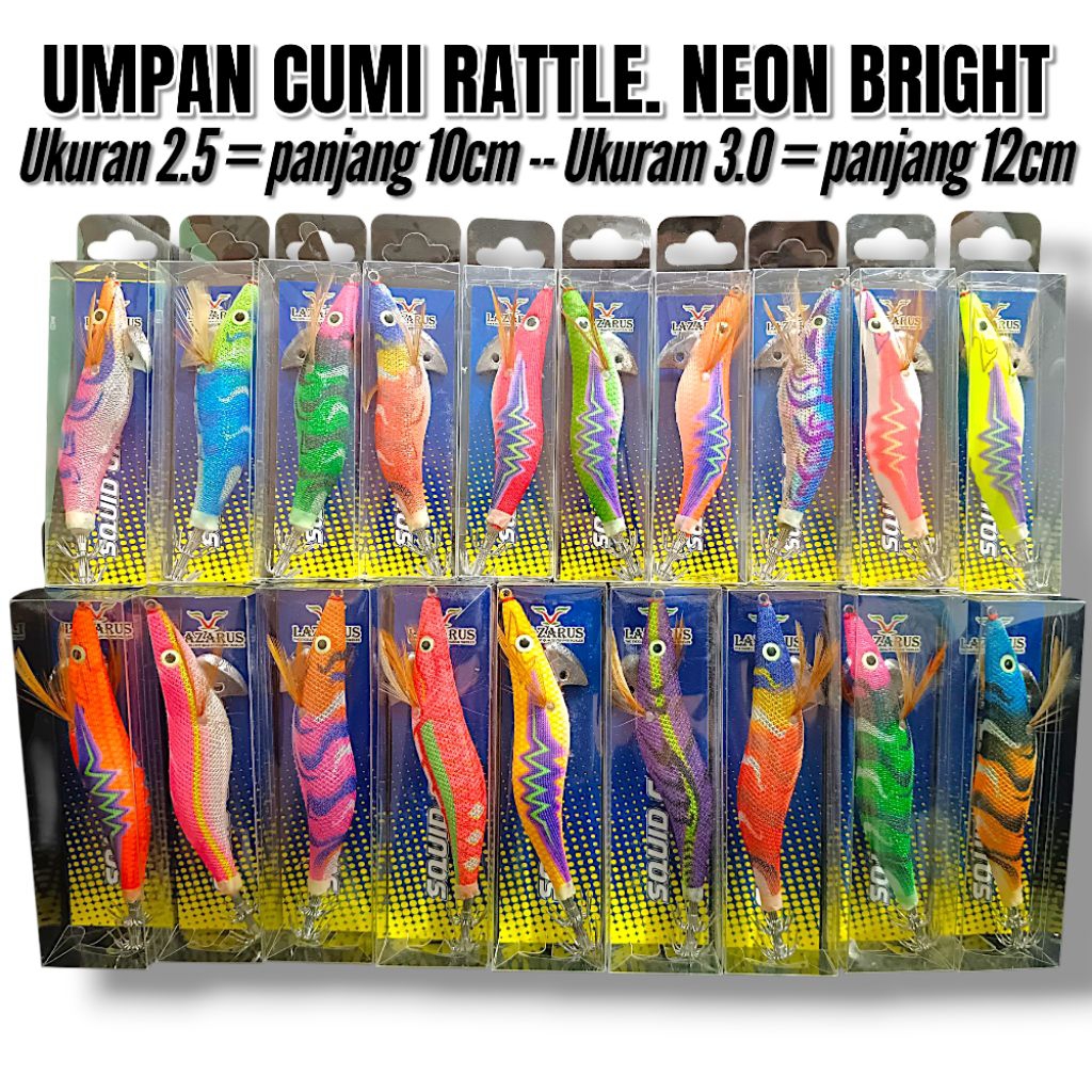 Umpan Pancing Cumi Neon Bright Rattle. Ukuran 2.5 dan 3.0