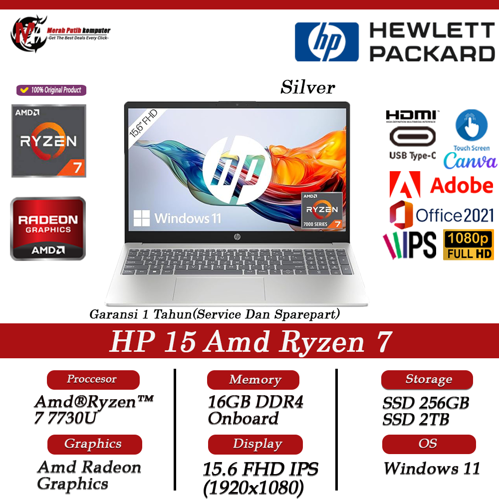 Laptop Touhcscreen HP 15 Amd Rayzen 7 7730U Ram 16Gb 2Tb ssd 15.6 Fhd Ips Windows11
