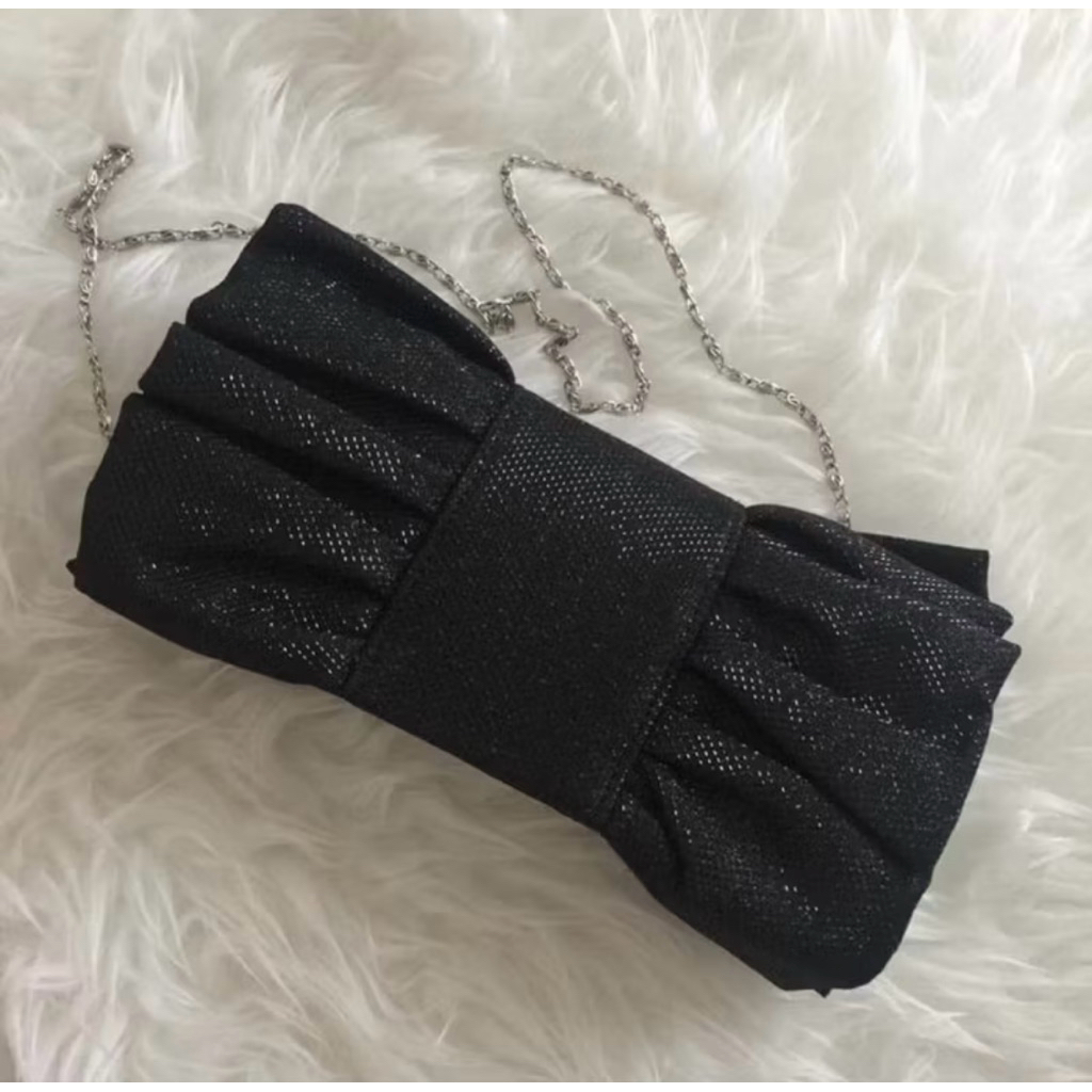 Olga berg australia big black ribbon clutch bag with strap