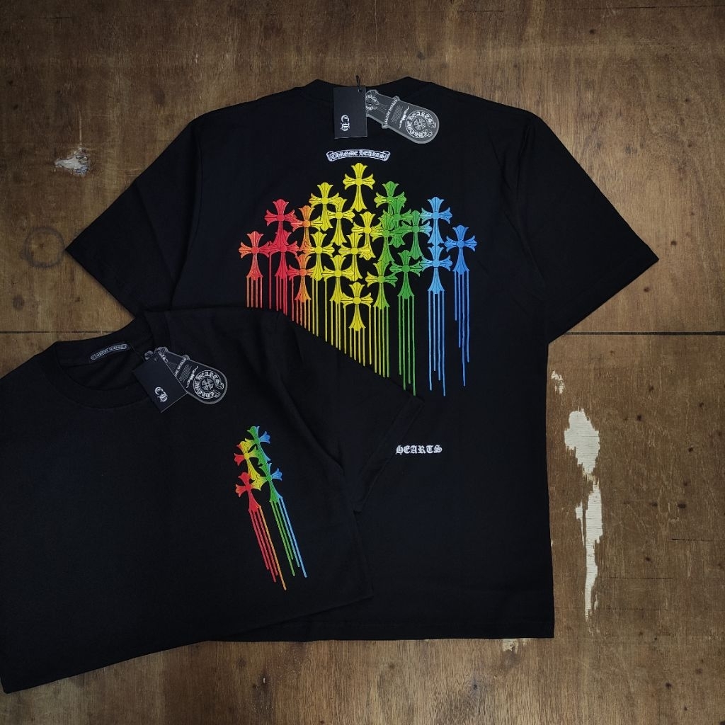 KAOS T SHIRT TEE CHROME HEARTS RAINBOW PAINT MULTICOLLOUR PRINTED WHITE BESTSELLER