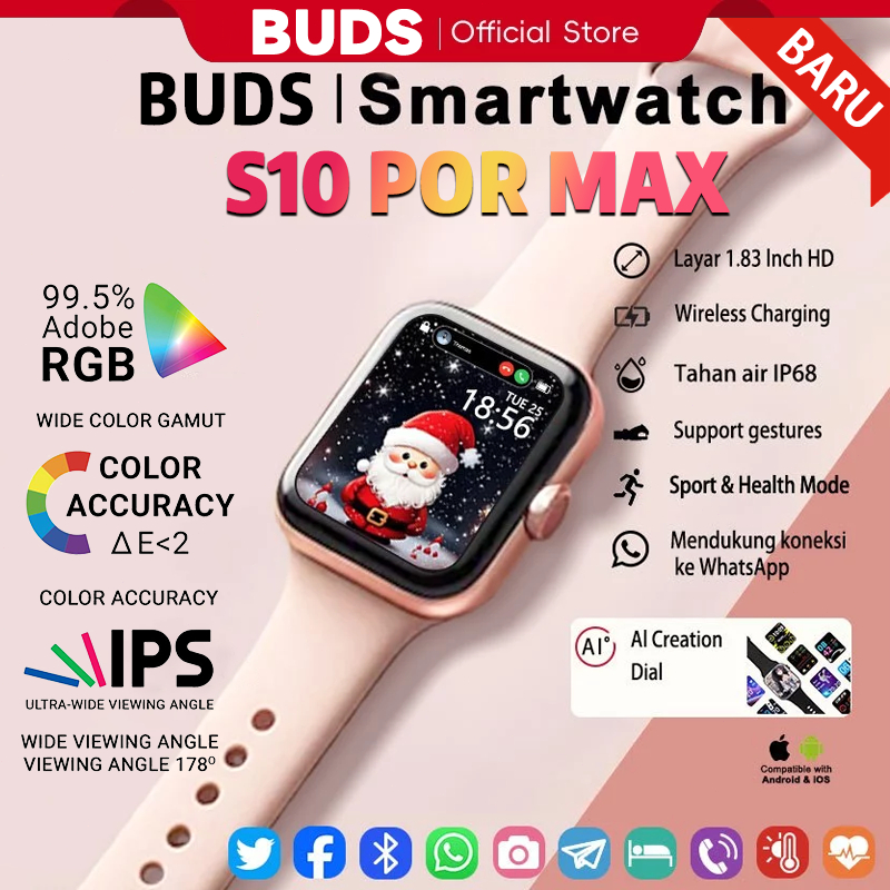 BUDS-Smartwatch S10 POR MAX Smart Watch 46mm S10 Jam Pintar Olahraga Bluetooth SmartWatch Wanita Sma