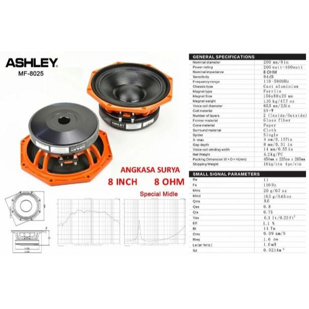 Speaker Component Ashley MF 8025 Original 8 inch Special Middle MF8025