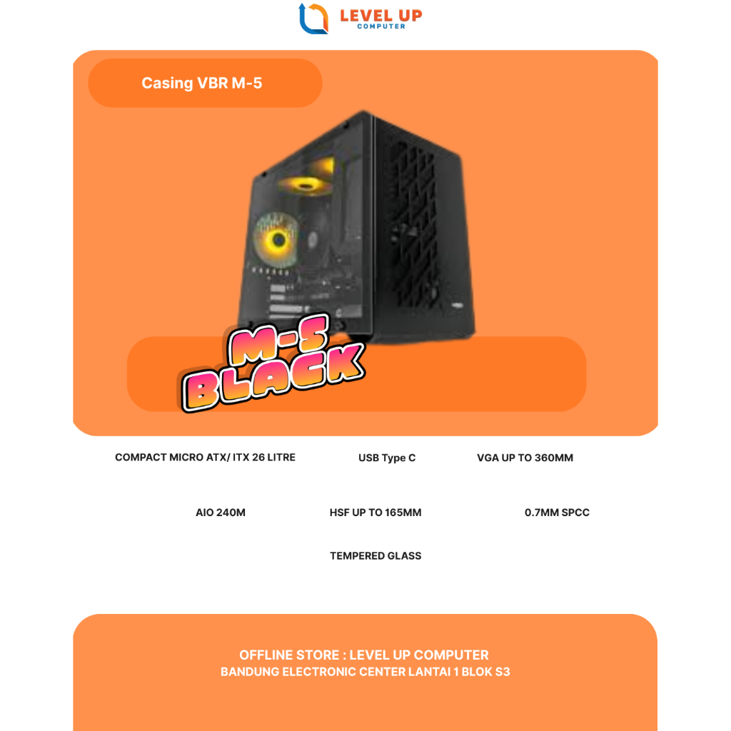 Casing VBR M-5 Hitam Kompak Micro ATX/ITX 26 Liter USB Type C VGA hingga 360mm AIO 240M HSF hingga 1