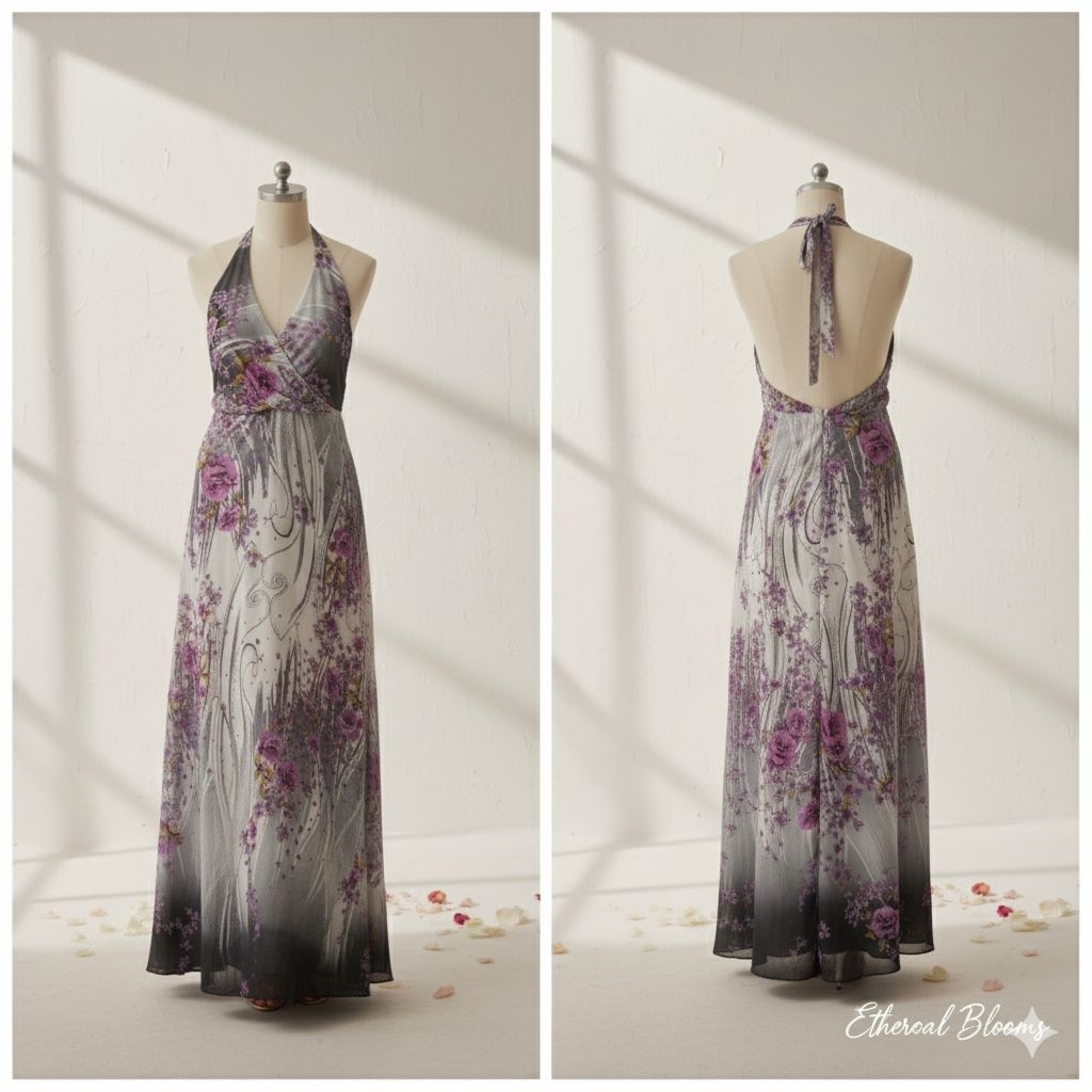 Dres Pantai Sifon Motif Bunga Hitam Putih Lilac ungu