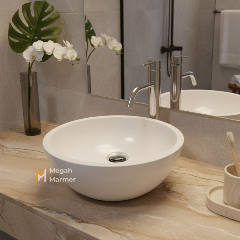 Wastafel Kamar Mandi Terazzo Baskom Putih Polos Elegan Ukuran 35cm Glossy Free Packing Peti Kayu
