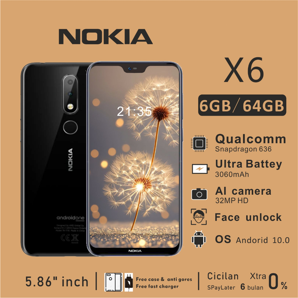 Nokia x6 (6.1plus)   ram 6GB+rom64GB  dual sim  garansi resmi  type-c  hp murah  nokia android andro