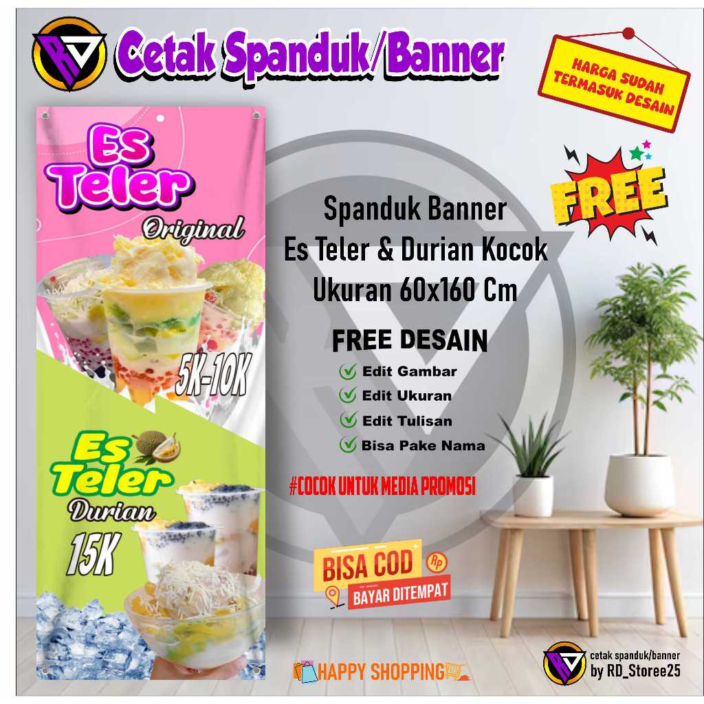 Spanduk Banner Es Teler & Durian Kocok Ukuran 60x160 Cm