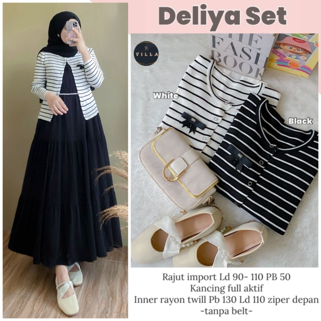 Stelan wanita DELIYA SET bahan iner dress rayon twill,outer rajut import