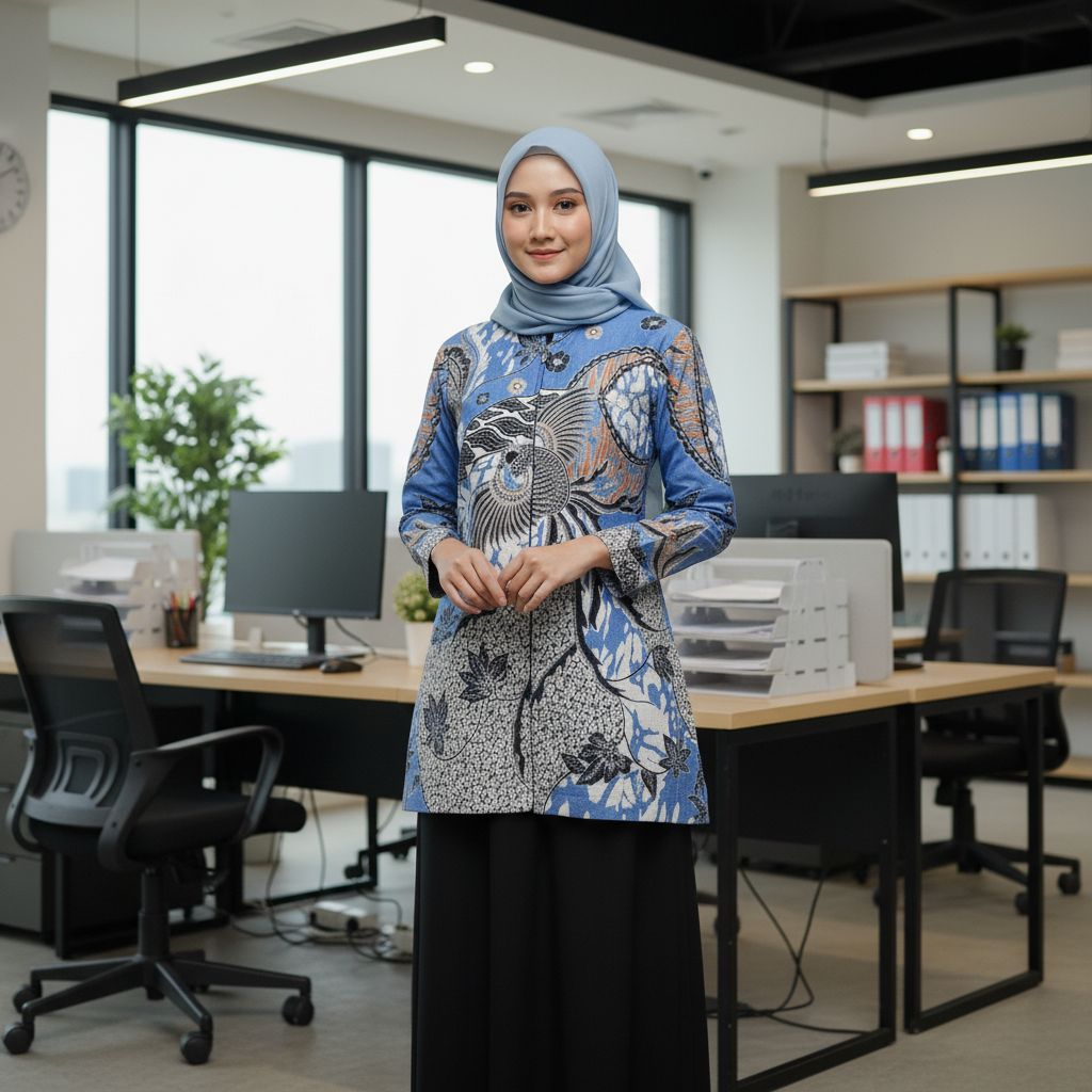 Tunik Batik Wanita Premium Batik Sendang Mas Phoenix Biru – Tunik Couple / Baju Batik Kerja Premium 