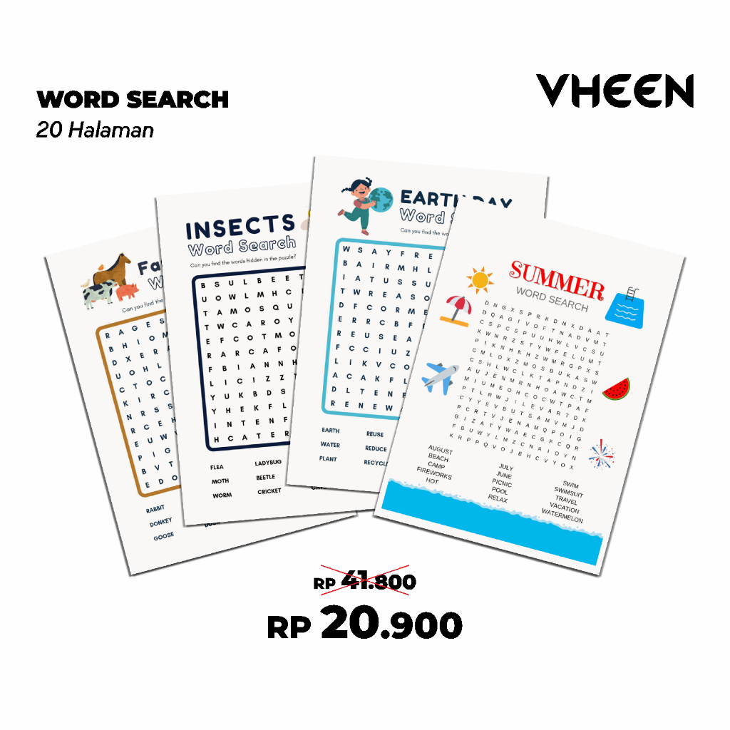 VHEEN English Word Search Puzzle - Lembar Teka-Teki Kata Anak