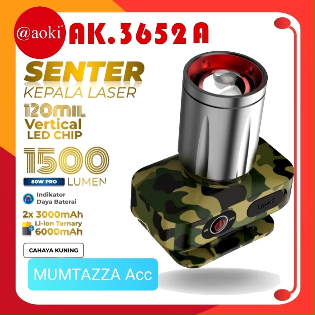 AOKI SENTER KEPALA AK-3652K CAHAYA KUNING 1500LUMEN 80W PRO 6000MAH