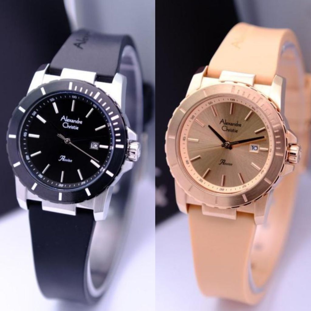 JAM TANGAN WANITA ALEXANDRE CHRISTIE AC6141 AC6141 RUBBER ORIGINAL GARANSI RESMI-BLACK SILVER