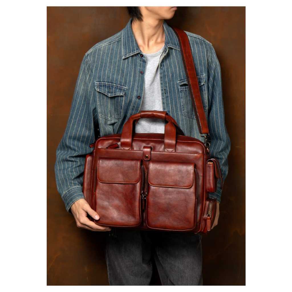 RIMAN Tas Kerja Pria Kulit Asli - Tas Kerja Multifungsi Kapasitas Besar