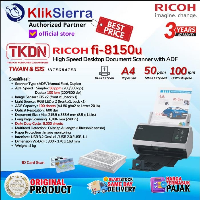 RICOH fi-8150U Desktop Document Scanner 50 ppm - ADF, Manual Feed, Duplex 100 ipm - FUJITSU fi815