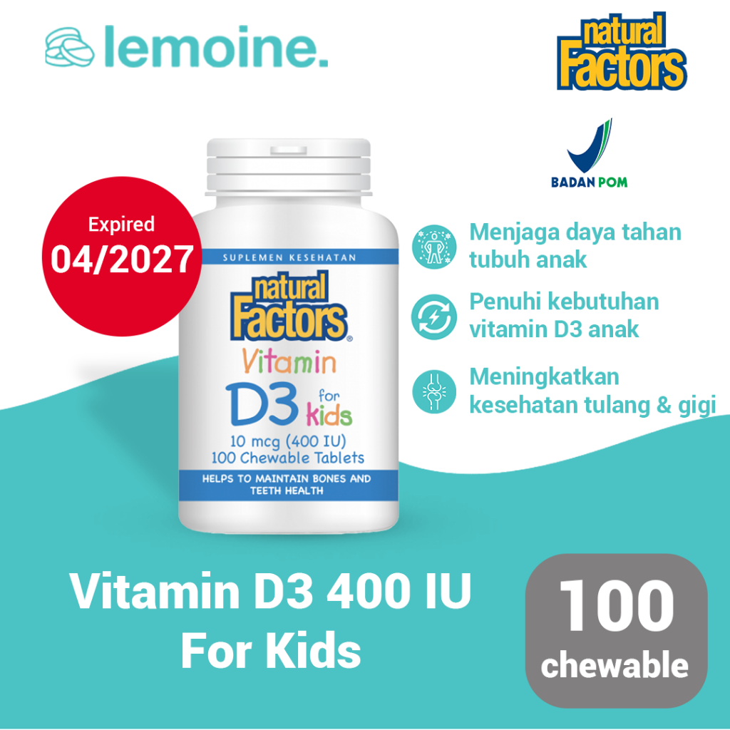 Natural Factors Vitamin D3 for Kids Tablet Kunyah Vitamin D3 400 iu Untuk Anak 100 chewable tablet