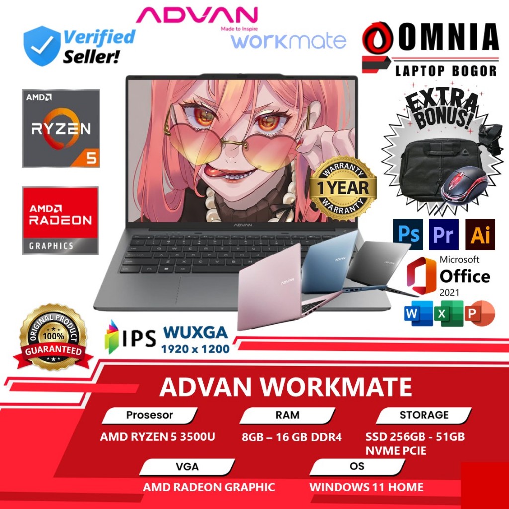 Advan Workmate Amd Ryzen 5 3500u Ram 16gb 512gb Ssd Windows 11 Original 14.0 Wuxga Ips
