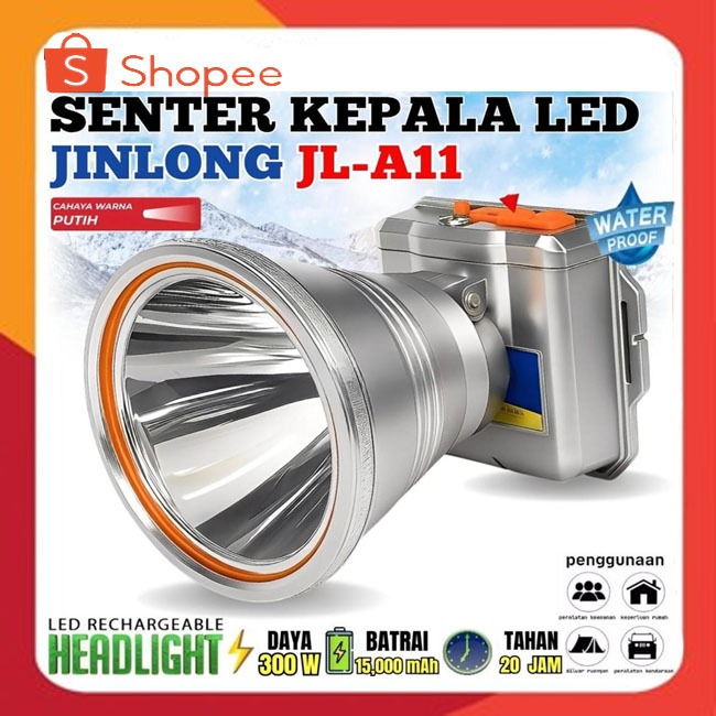 JinLong Senter Kepala LED JL-A11 300W Cahaya Putih Tahan Air Rechargeable Headlamp Terang
