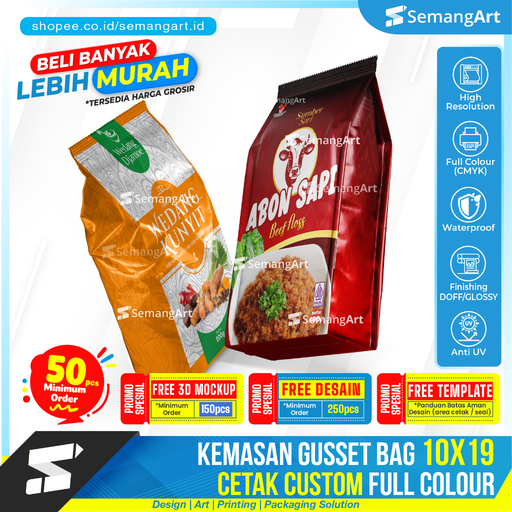 Cetak Kemasan Gusset Bag 10x19 Flat Bottom Standing Pouch Bungkus Kopi Tepung Kacang Desain Custom