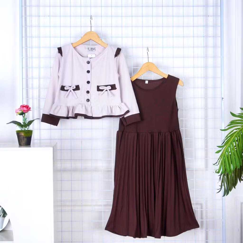 CHERYSTORE88 DRES ANAK PEREMPUN ALIYAH MODEL CARDIGAN PITA DAN ROK PLISKET TERBARU