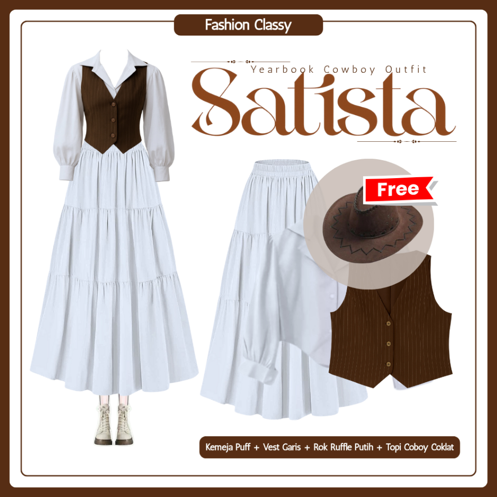 [Hijab Frendly] Cottagecore Yearbook Outfit | Kemeja + Vest + Rok Ruffle + Topi Coboy | FCL018